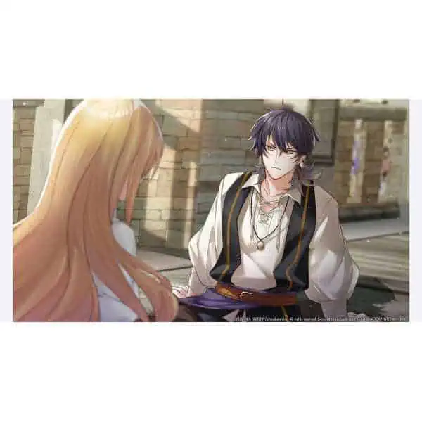 Illustration of Temirana, the lucky princess, with a tragic knight in a fantasy setting.