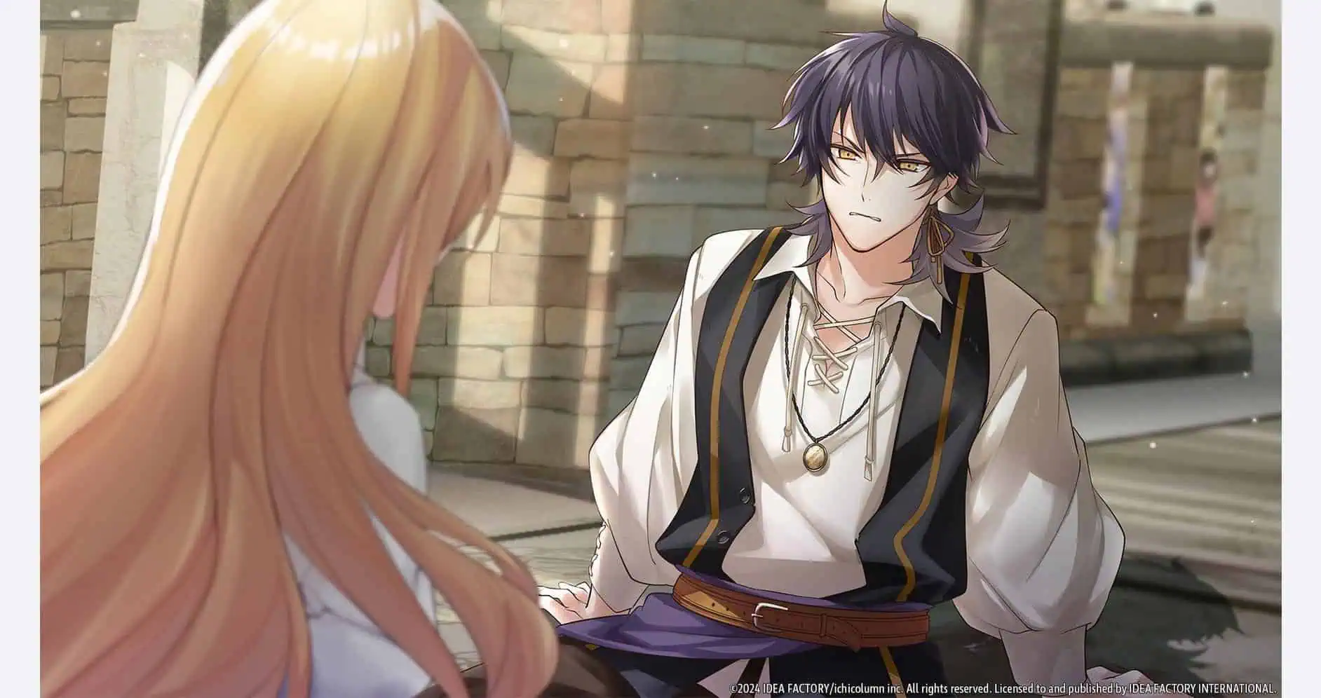 Illustration of Temirana, the lucky princess, with a tragic knight in a fantasy setting.