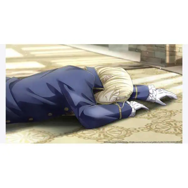 Temirana princess lying on the floor in a blue dress, dramatic scene from the game.