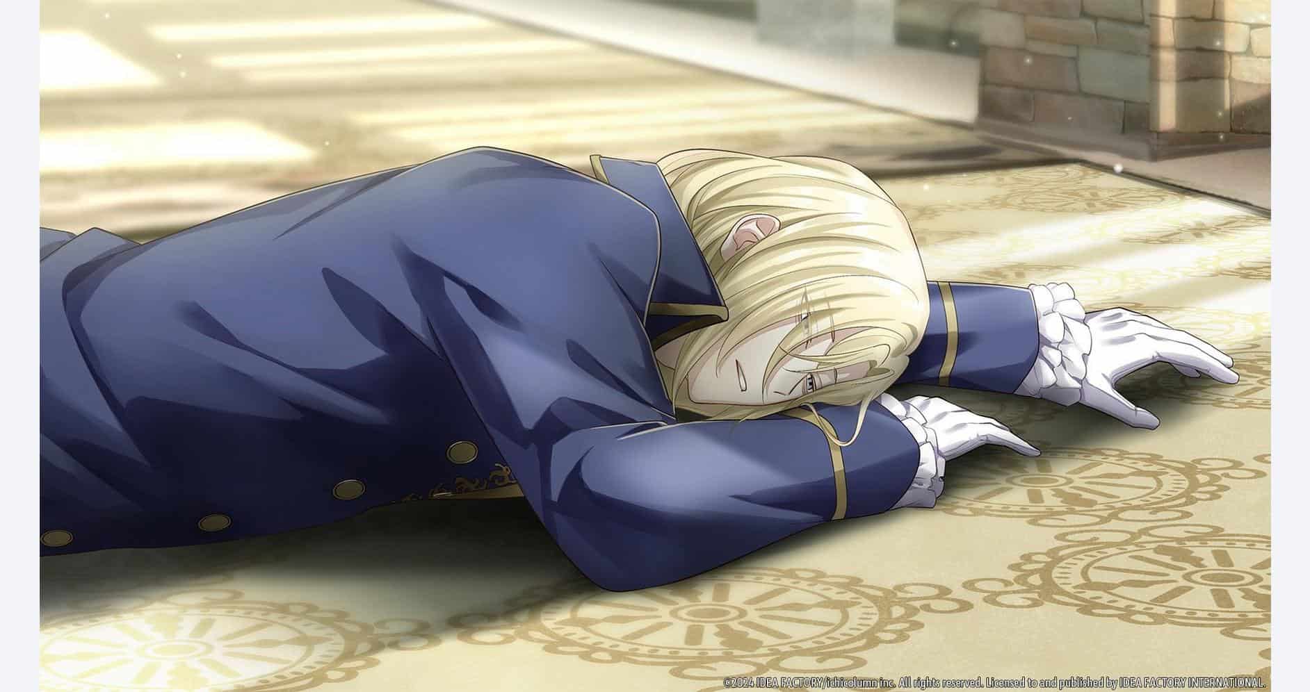 Temirana princess lying on the floor in a blue dress, dramatic scene from the game.