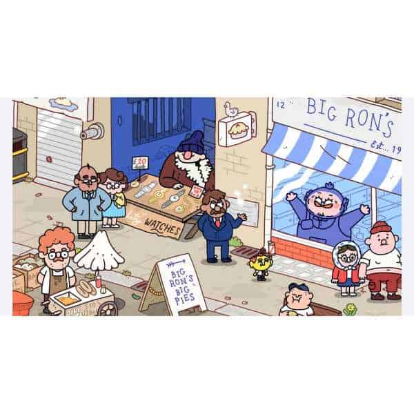 Colorful cartoon scene of a lively game store with happy customers and staff.