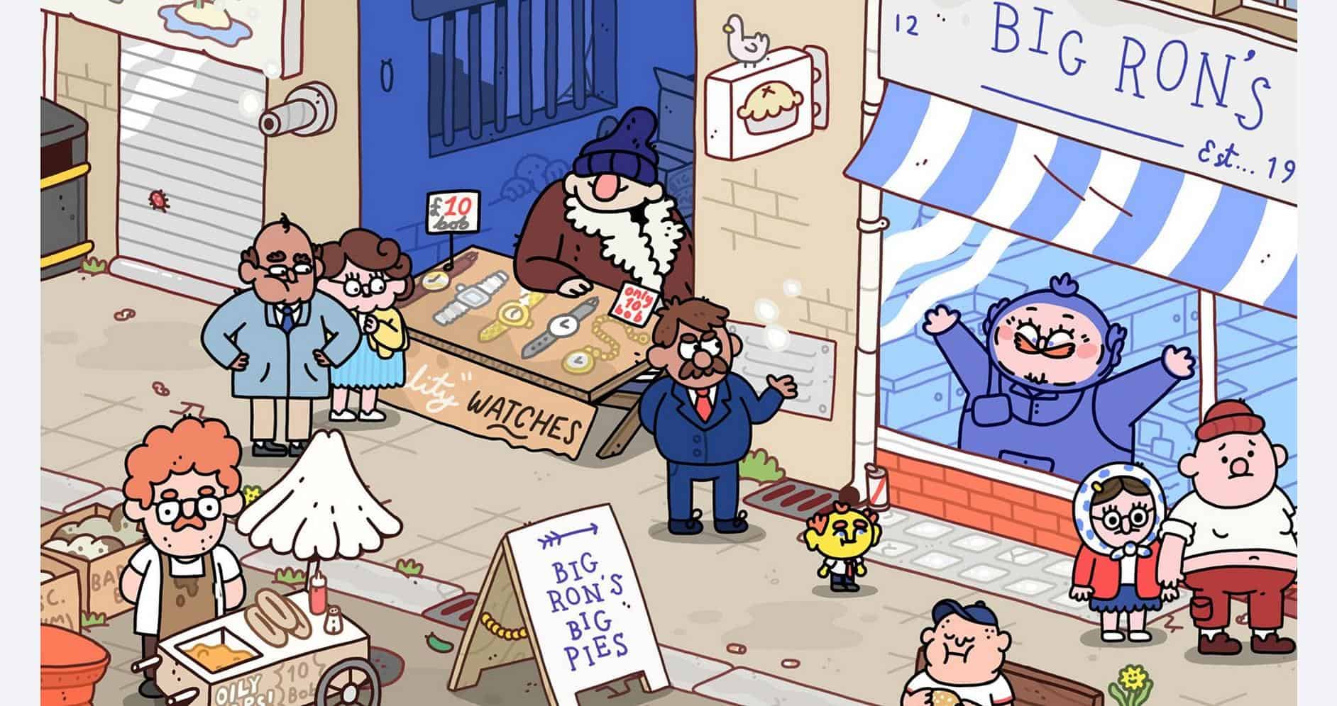 Colorful cartoon scene of a lively game store with happy customers and staff.