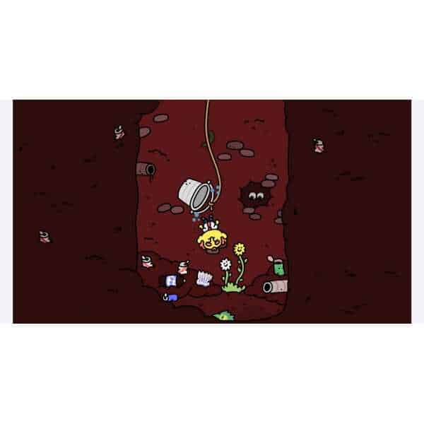 Cartoon cave scene with playful characters and hanging bucket for gaming fun.