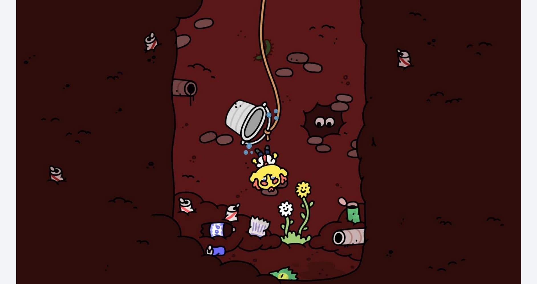 Cartoon cave scene with playful characters and hanging bucket for gaming fun.