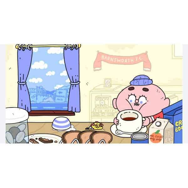 Cartoon character enjoying breakfast in cozy room with window view.