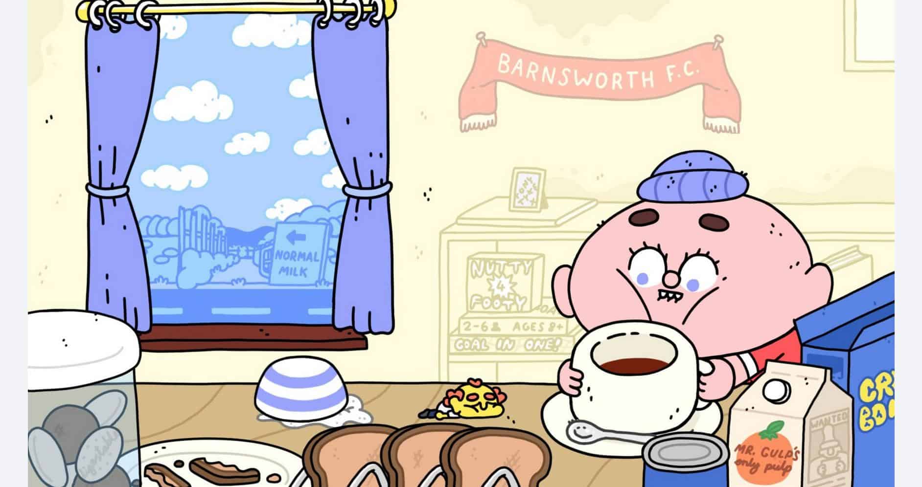Cartoon character enjoying breakfast in cozy room with window view.