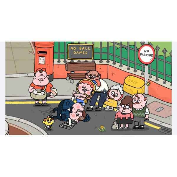 Group of cartoon characters on a city street with game-related signs.