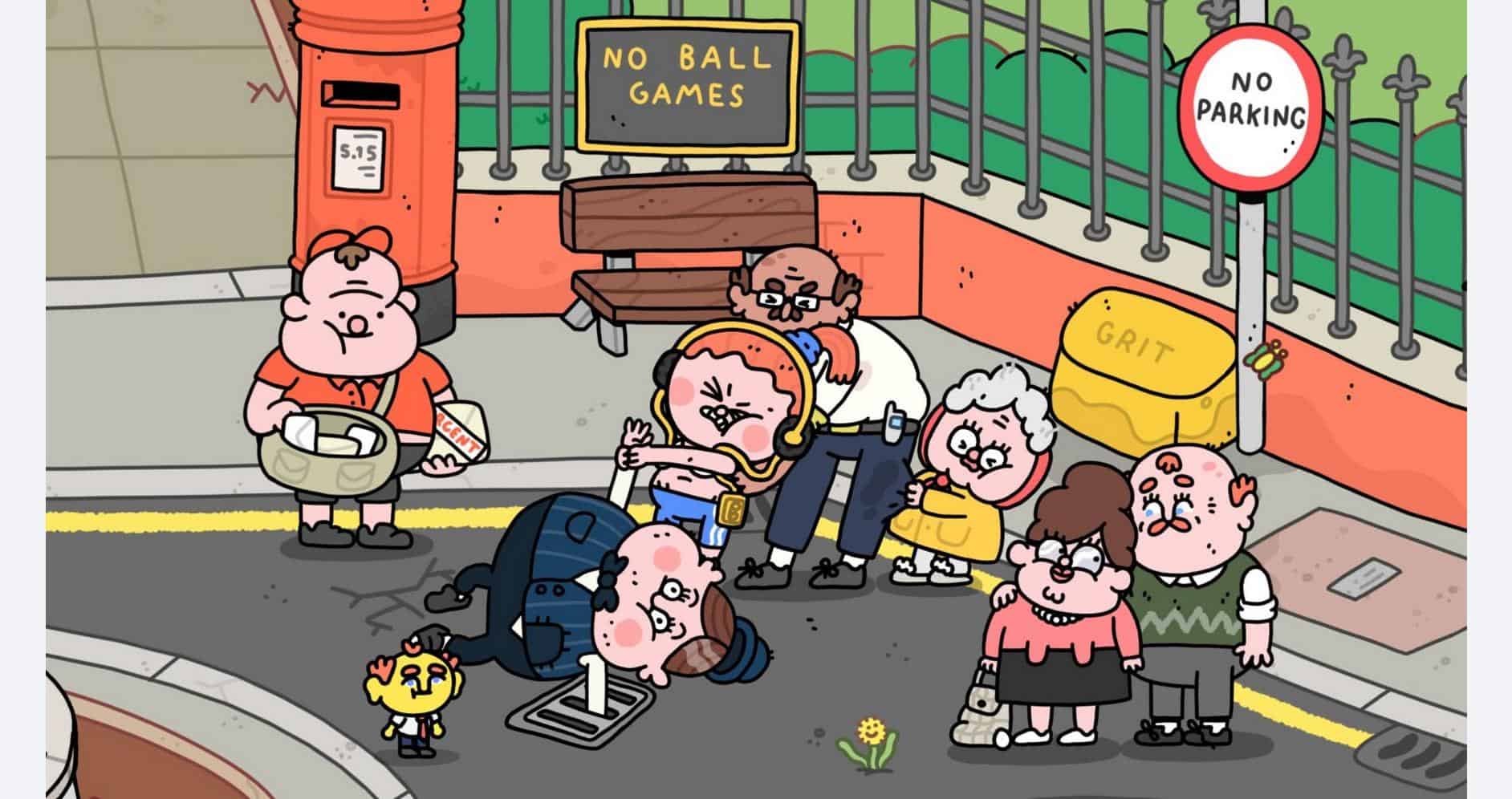 Group of cartoon characters on a city street with game-related signs.