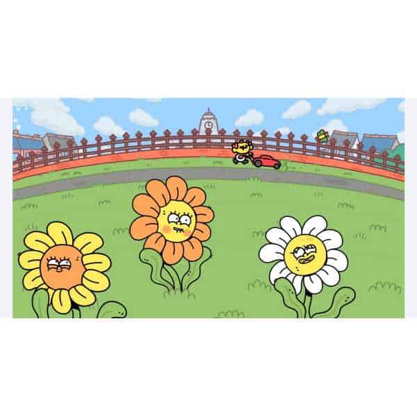 Colorful cartoon flowers with smiling faces in a park scene, cyclist riding by.