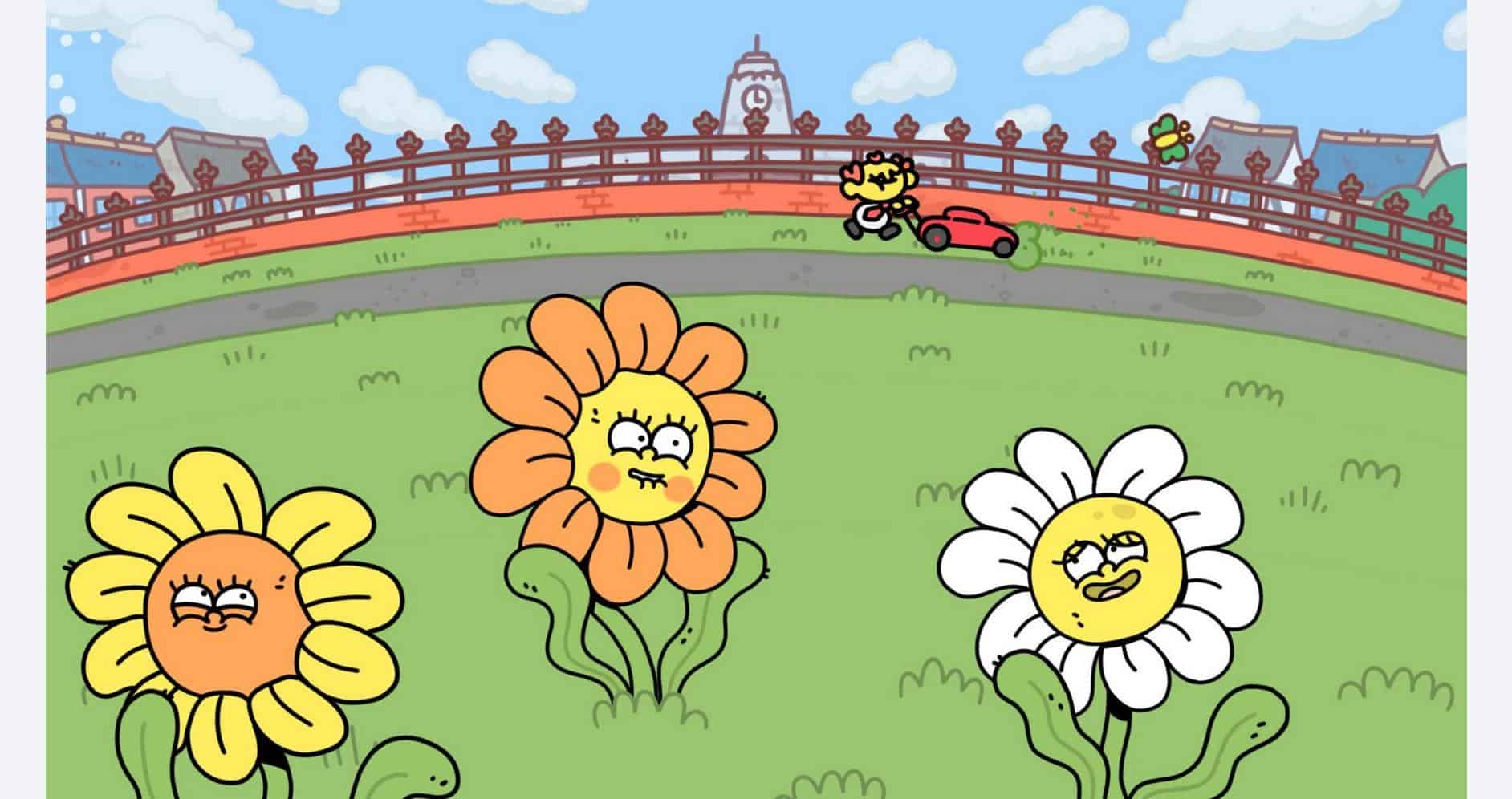 Colorful cartoon flowers with smiling faces in a park scene, cyclist riding by.