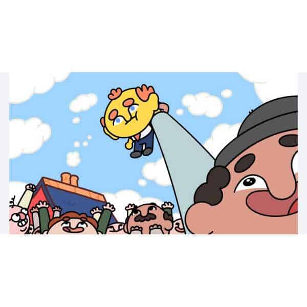 Cheerful cartoon scene with characters celebrating and a character shining a spotlight from the sky.