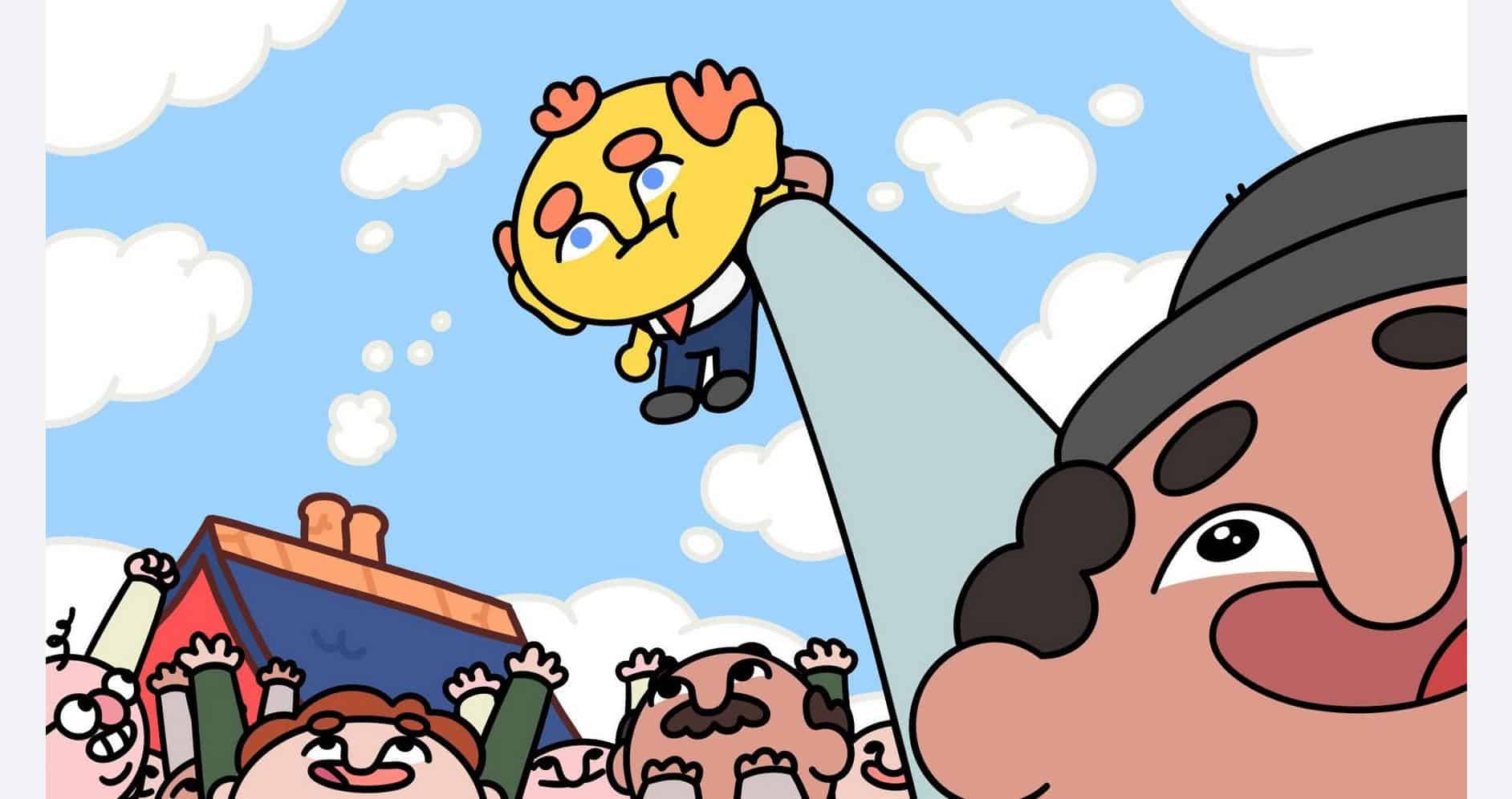 Cheerful cartoon scene with characters celebrating and a character shining a spotlight from the sky.