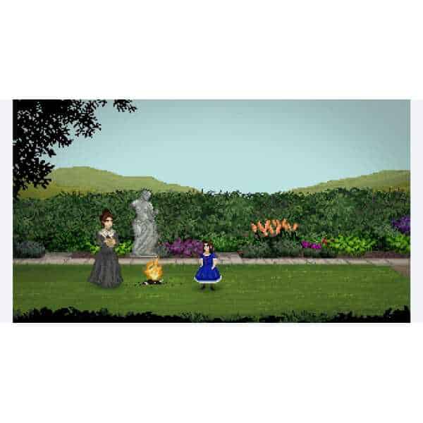 Pixel art scene of characters at Hob's Barrow excavation site with greenery and flowers.