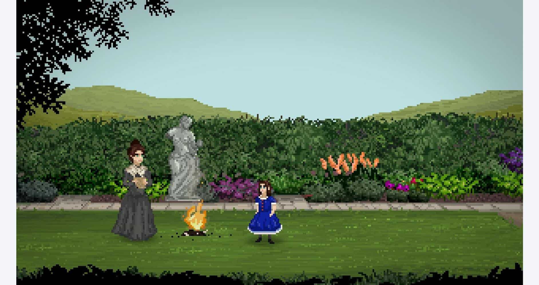 Pixel art scene of characters at Hob's Barrow excavation site with greenery and flowers.