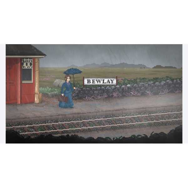 Woman with umbrella near railway tracks during rain at Hob's Barrow excavation site.