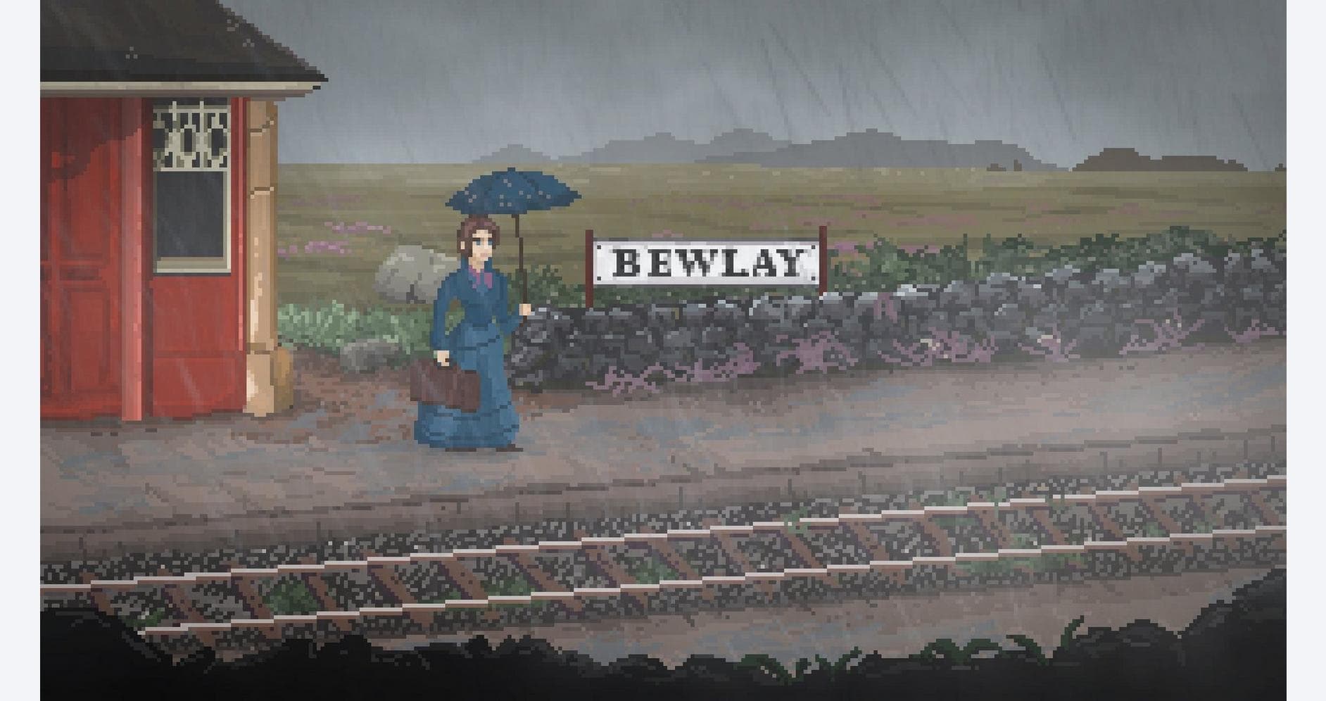 Woman with umbrella near railway tracks during rain at Hob's Barrow excavation site.