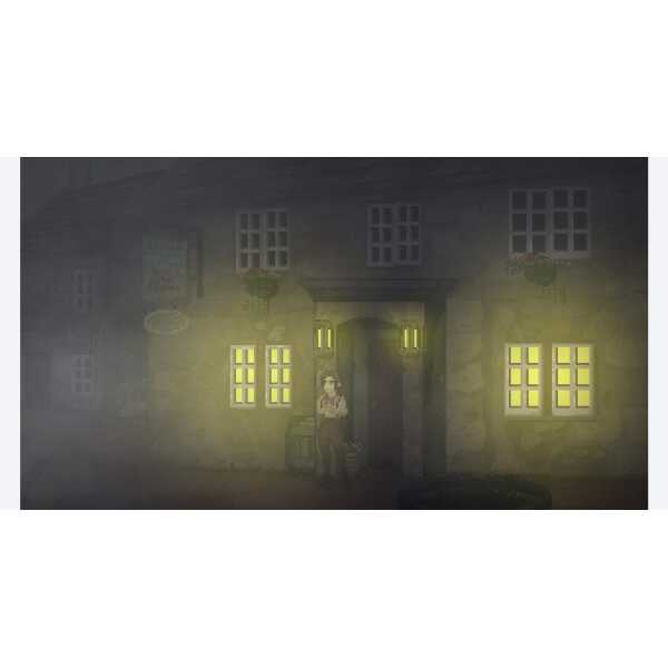 Night scene of a mysterious house with glowing windows and a person standing outside.