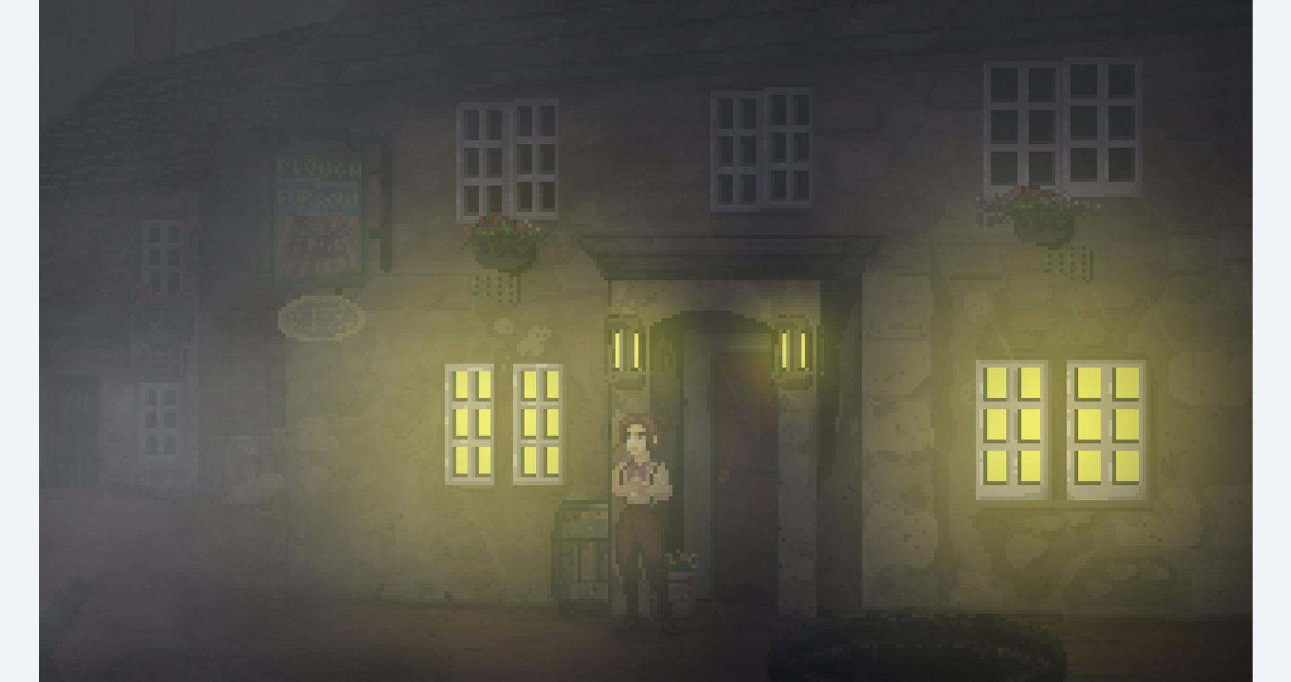 Night scene of a mysterious house with glowing windows and a person standing outside.