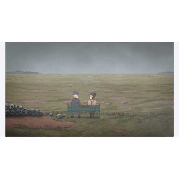 Pixel art of two characters sitting on a bench at Hob's Barrow excavation site.