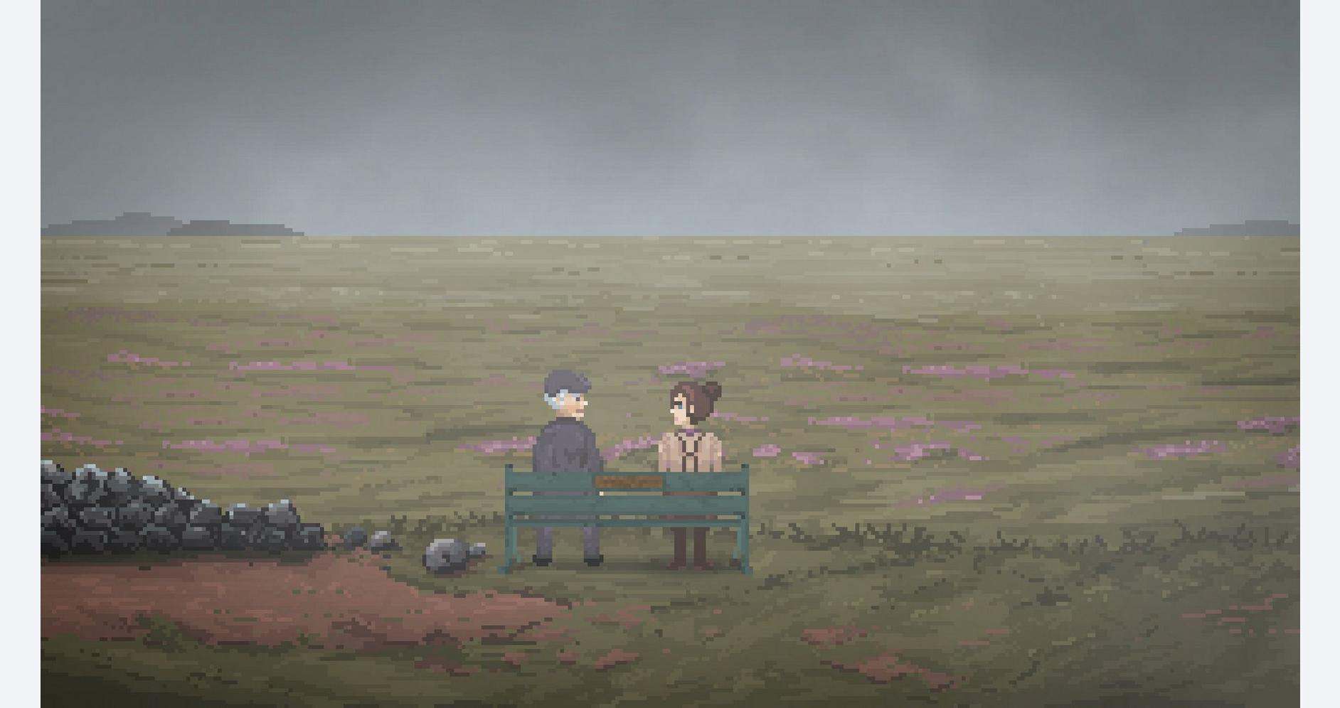 Pixel art of two characters sitting on a bench at Hob's Barrow excavation site.