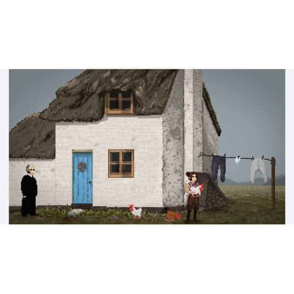 Ancient house scene from "The Excavation of Hob's Barrow" game, featuring a thatched roof cottage an.