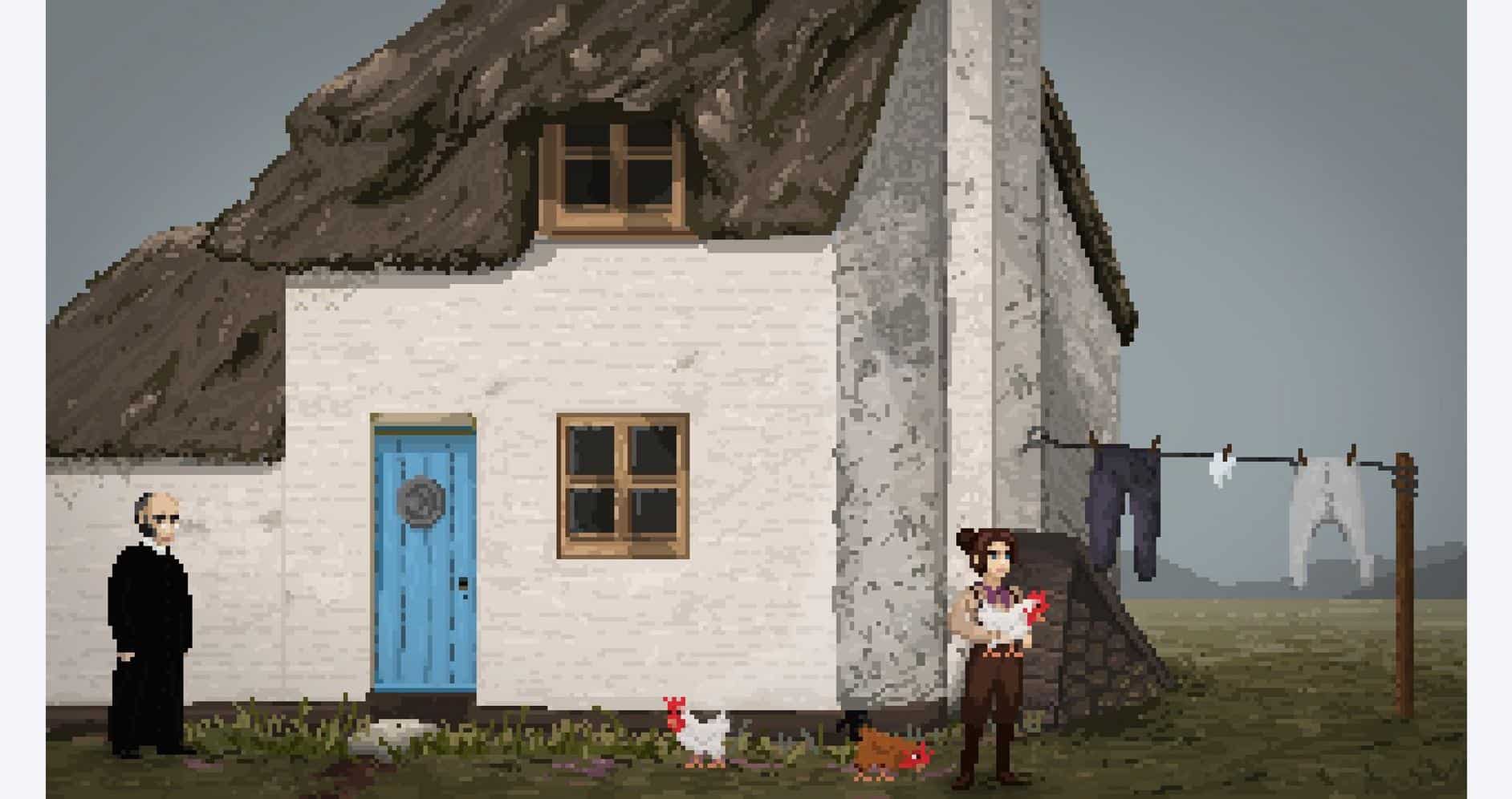 Ancient house scene from "The Excavation of Hob's Barrow" game, featuring a thatched roof cottage an.