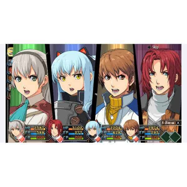 Screenshot from a role-playing game featuring four characters with anime-style art.