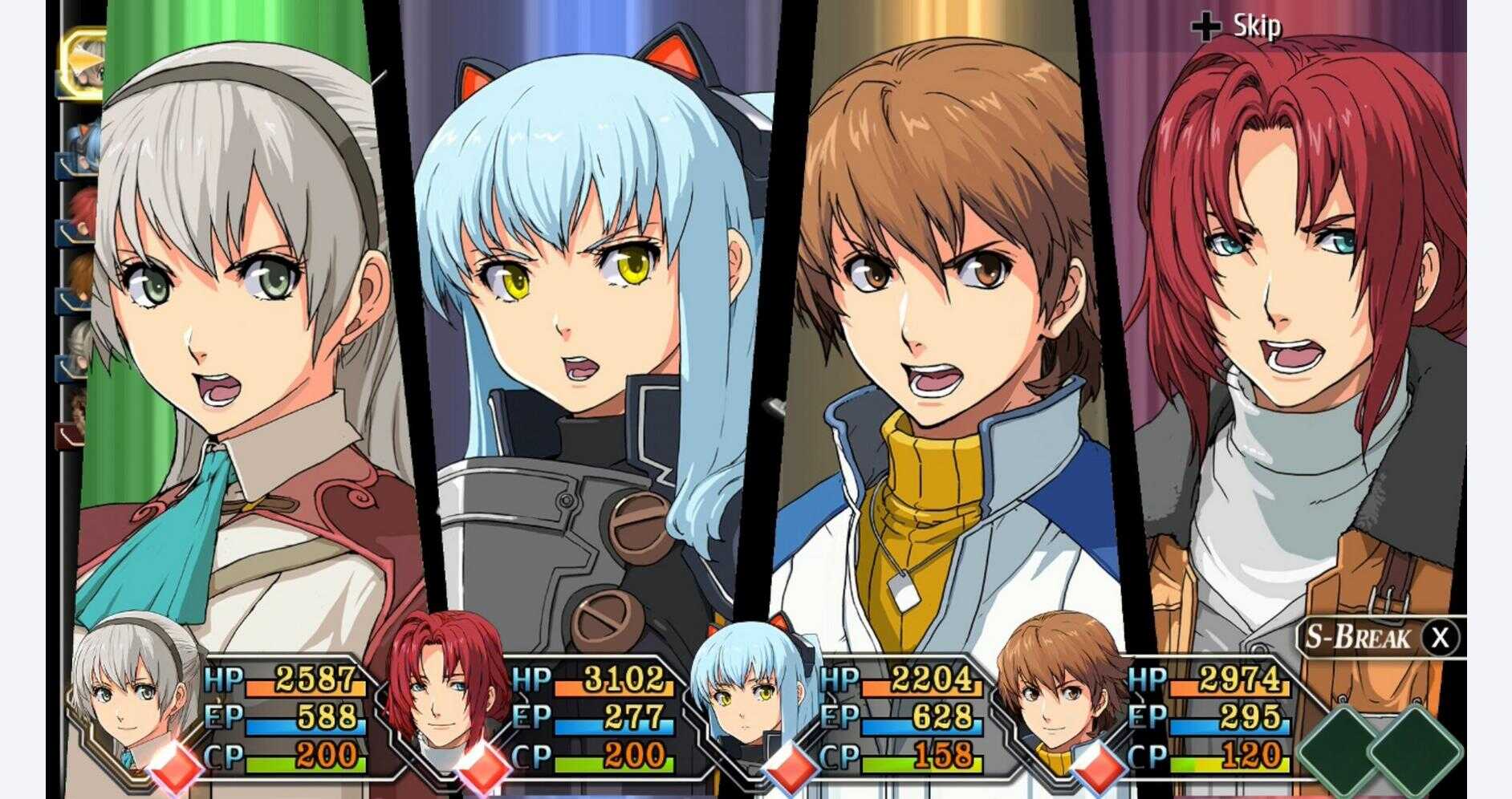 Screenshot from a role-playing game featuring four characters with anime-style art.