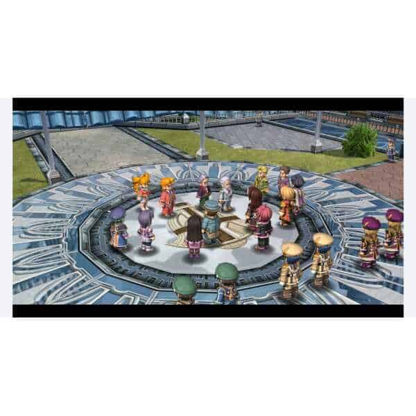 Group of characters gathered in a futuristic circular setting from The Legend of Heroes.