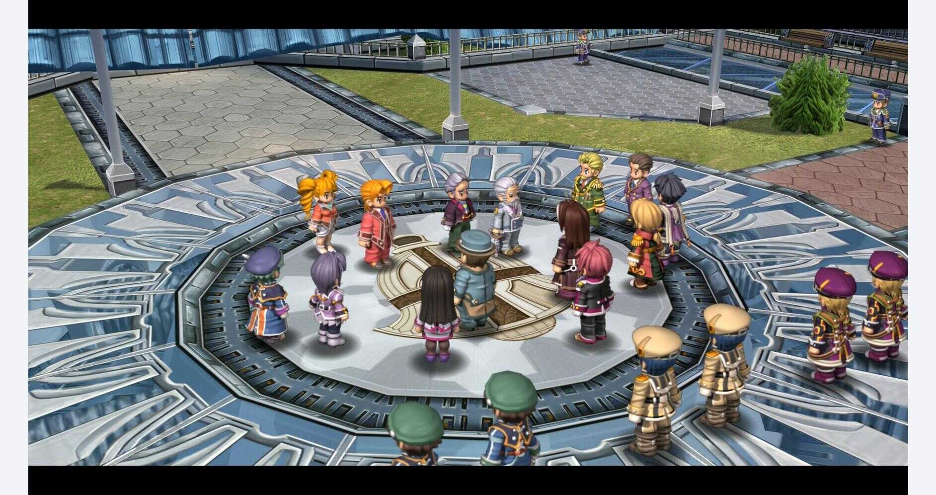 Group of characters gathered in a futuristic circular setting from The Legend of Heroes.