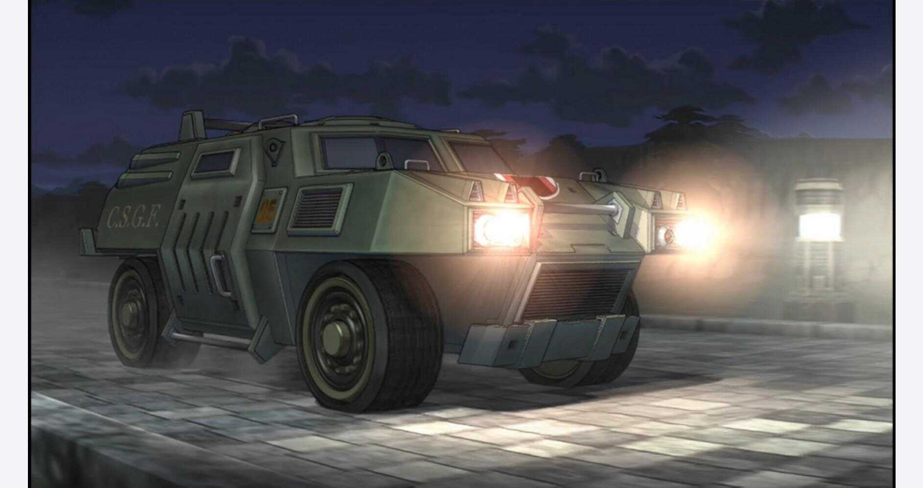 Military armored vehicle driving at night with headlights on.