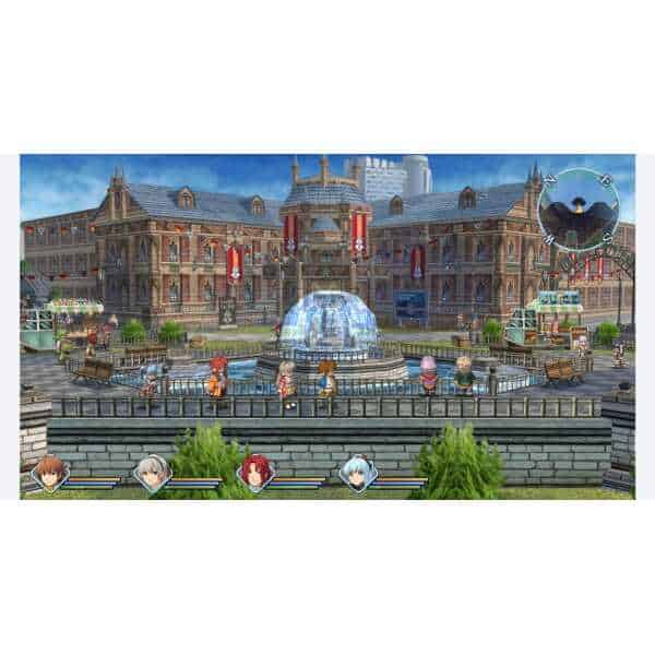 In-game scene of a city square with a fountain and characters from The Legend of Heroes.