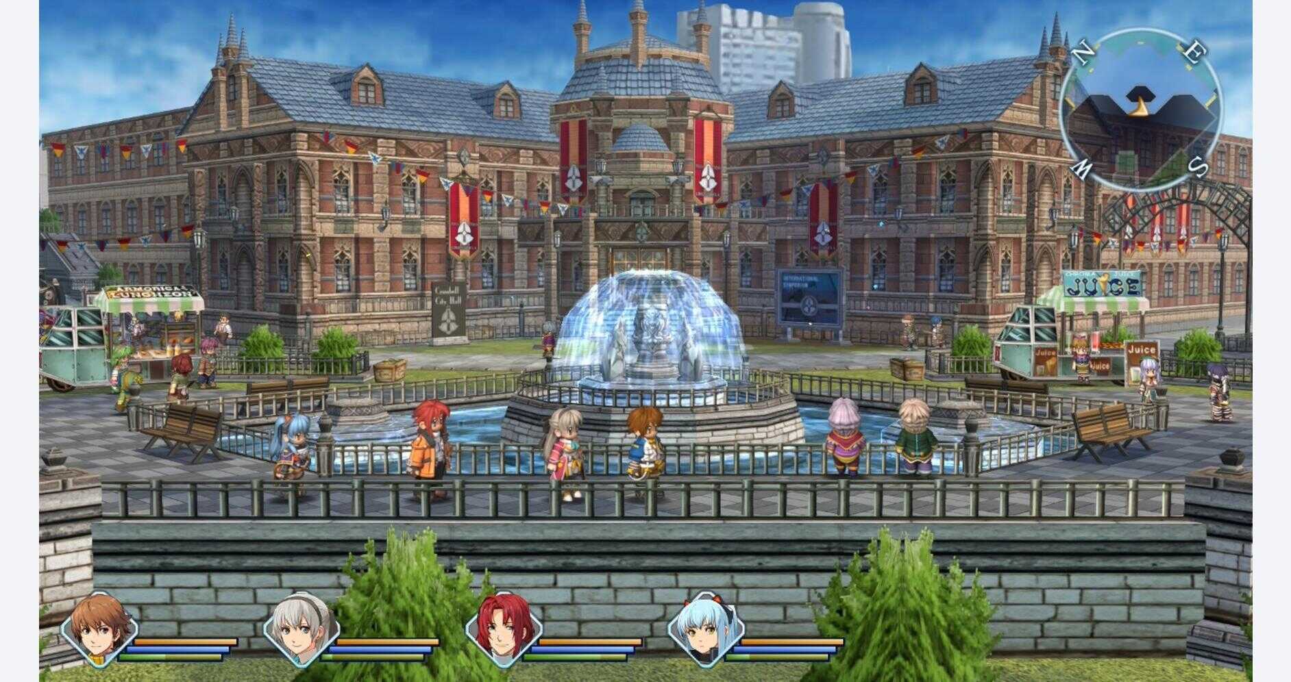In-game scene of a city square with a fountain and characters from The Legend of Heroes.