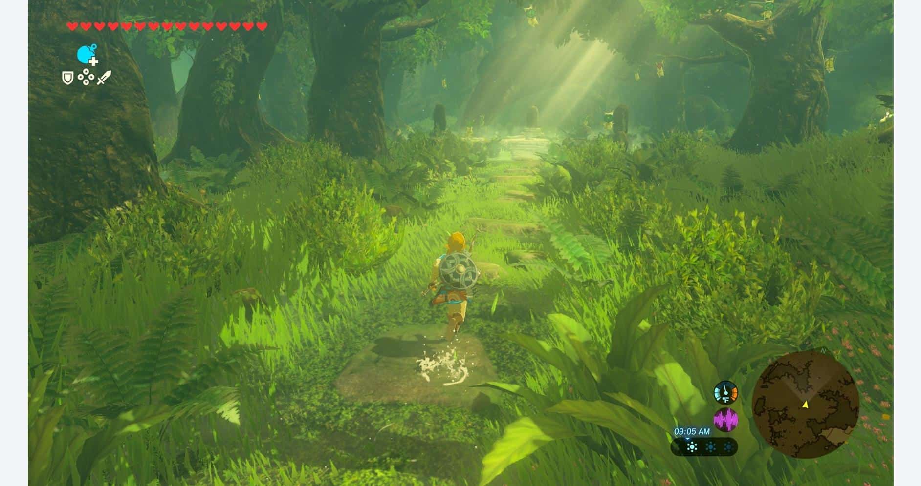 Gameplay scene from The Legend of Zelda: Breath of the Wild in lush forest environment.