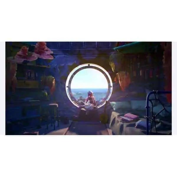 A girl sitting by a circular window with a view of the ocean, surrounded by books and cozy decor.