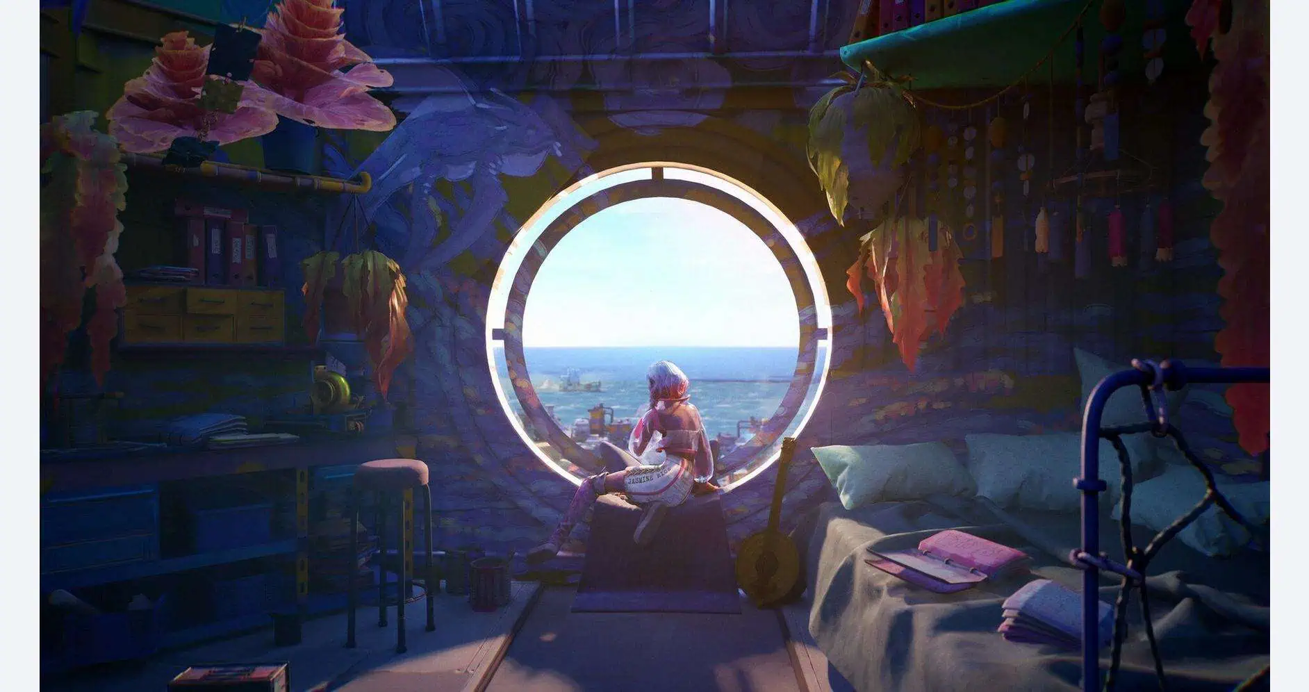 A girl sitting by a circular window with a view of the ocean, surrounded by books and cozy decor.