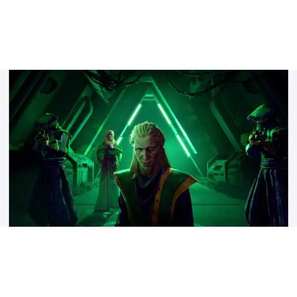 Futuristic sci-fi scene with characters in a high-tech setting, neon lights, and a central figure.