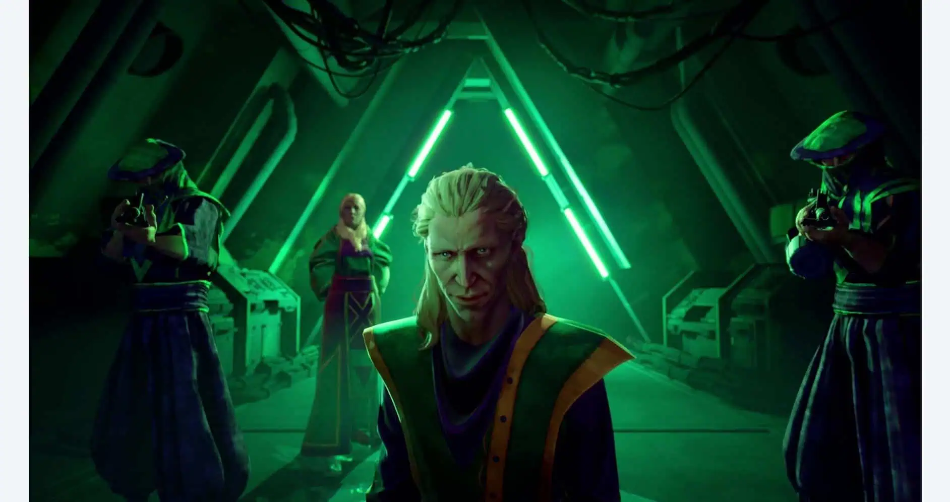 Futuristic sci-fi scene with characters in a high-tech setting, neon lights, and a central figure.