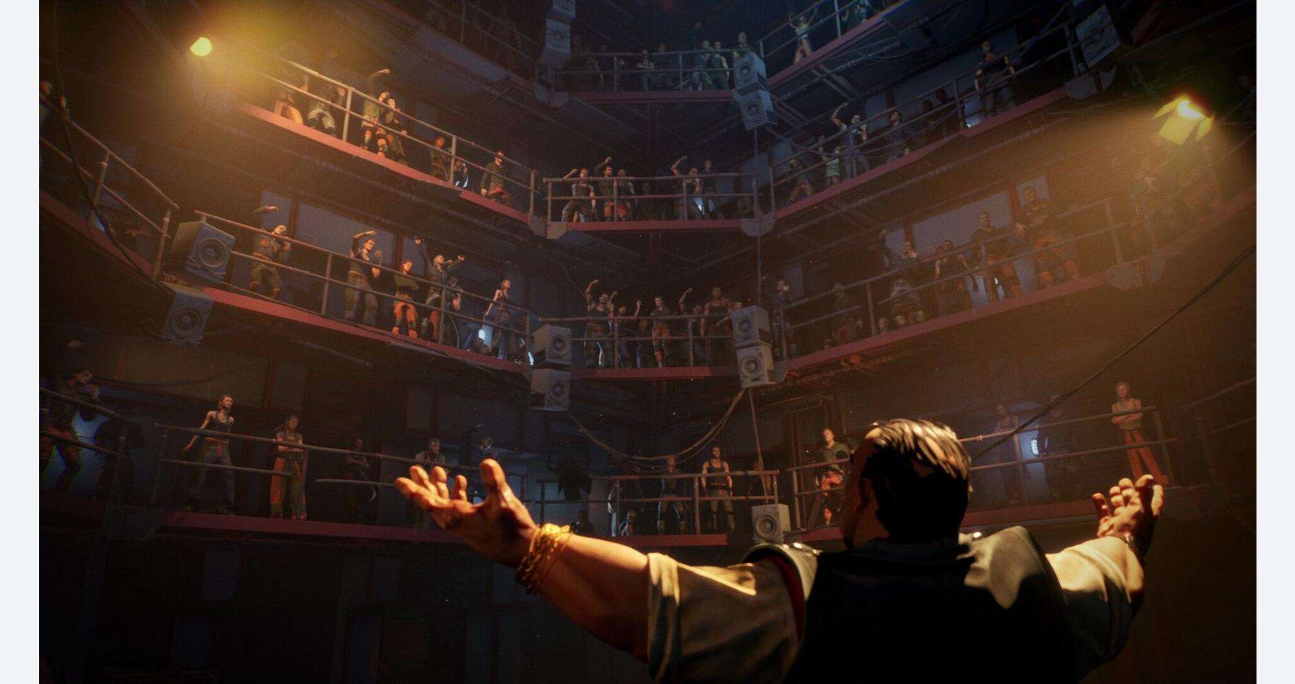 Theater director conducting a play in a multi-level theater setting.