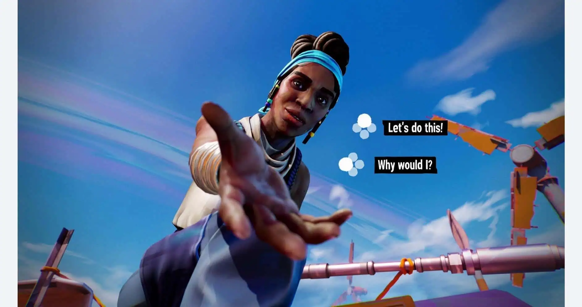 Dynamic scene from Tides of Tomorrow game by Gameware featuring a character reaching out.