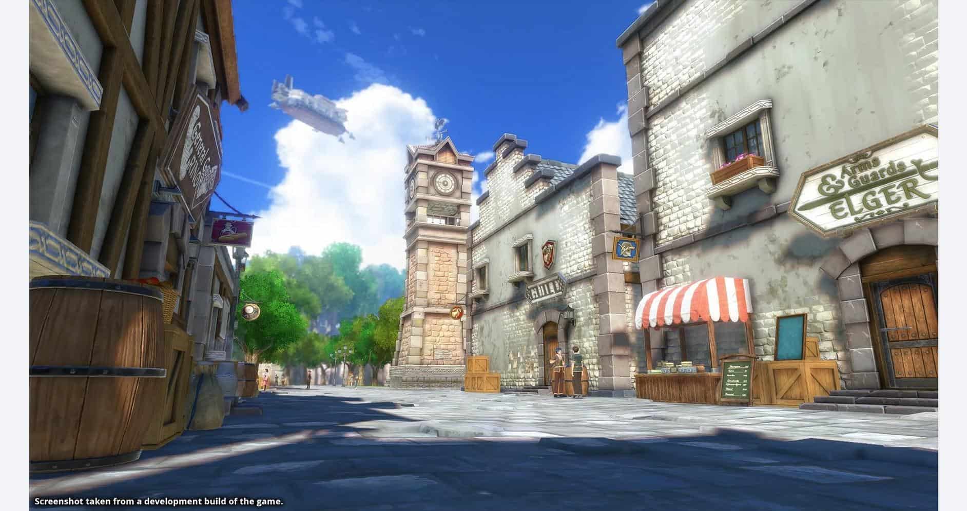 Scenic view of a medieval-style town square from Trails in the Sky game.