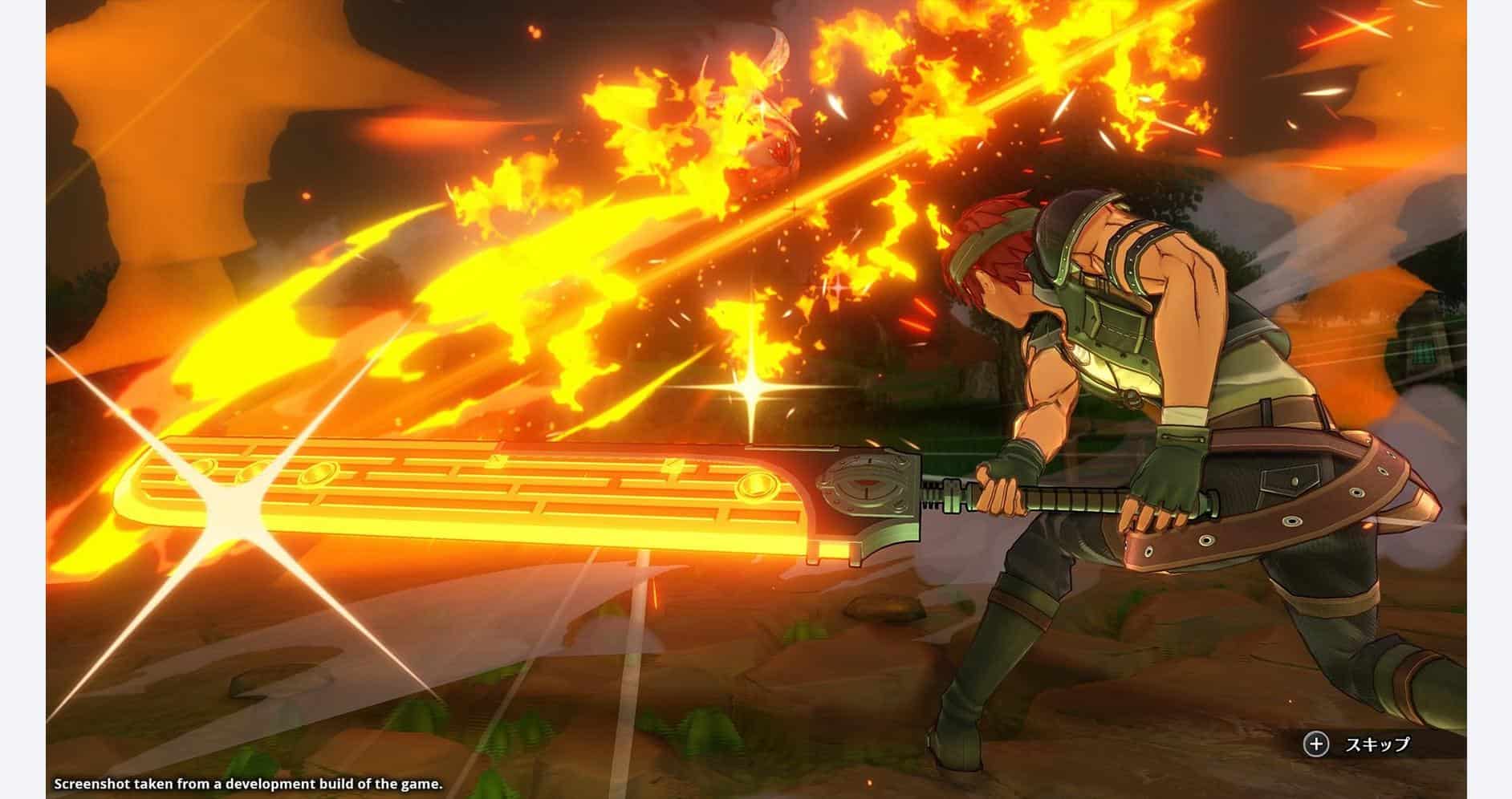 Epic battle scene from Trails in the Sky, showcasing a character wielding a sword with fiery attack.