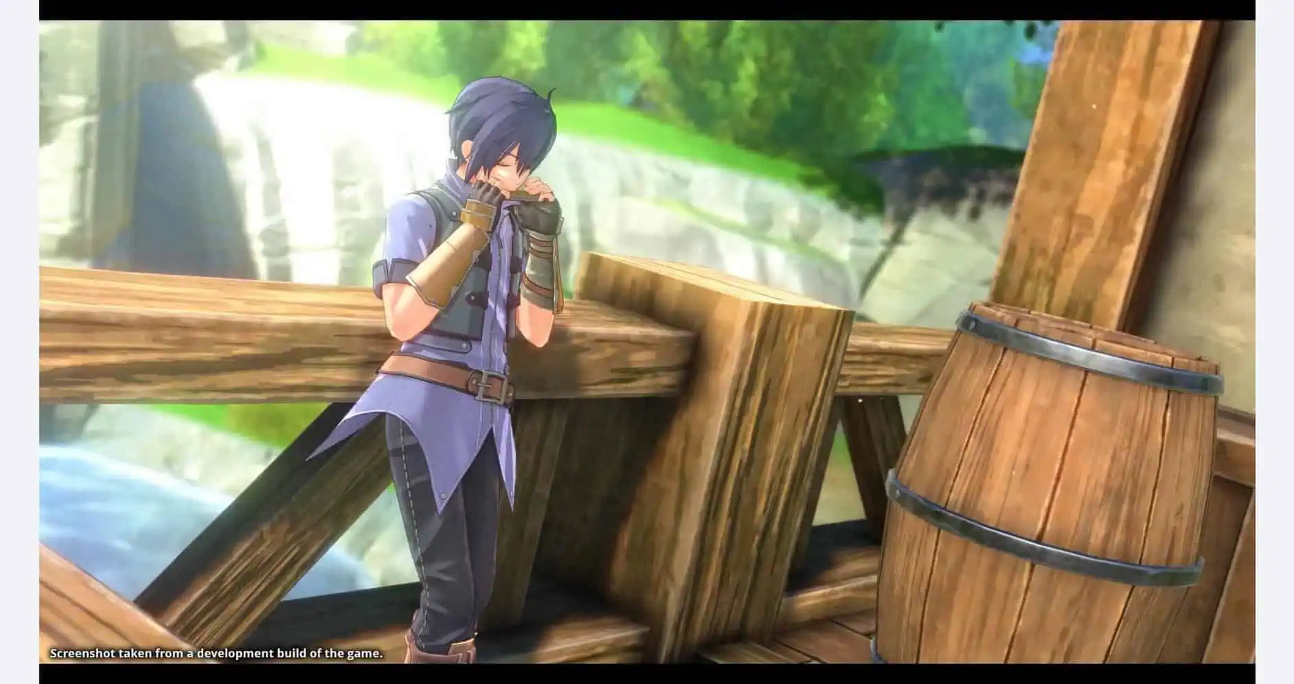 Young male character praying on a wooden bridge in a lush forest setting.