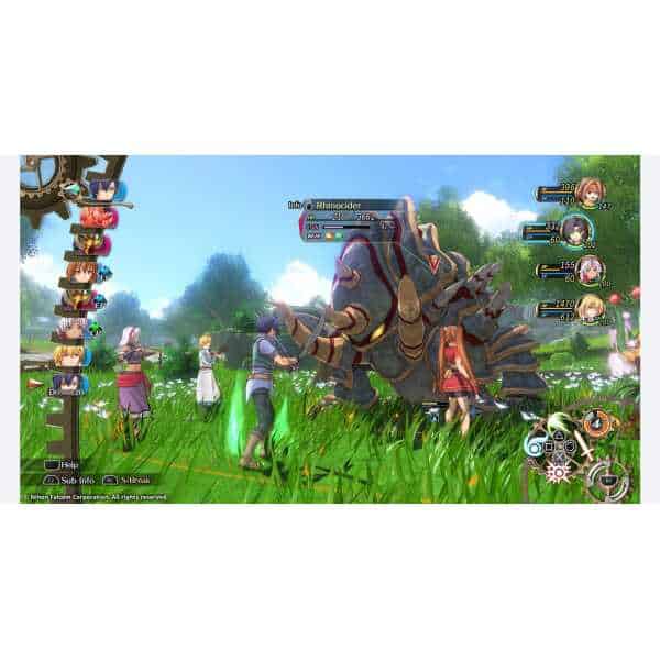 Epic battle scene from Trails in the Sky 1st Chapter featuring characters fighting a large armored m.