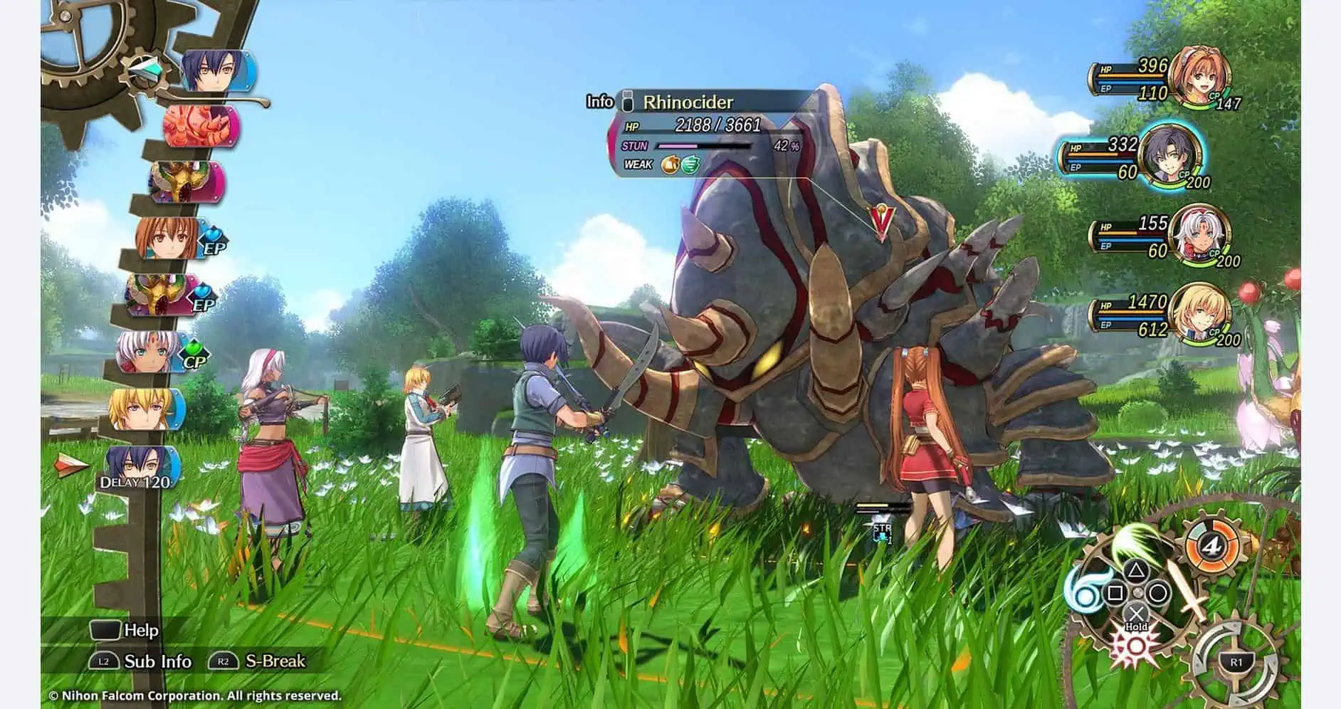 Epic battle scene from Trails in the Sky 1st Chapter featuring characters fighting a large armored m.