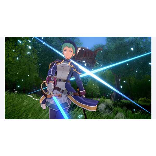 Fighting game character wielding glowing blue swords in a forest setting.