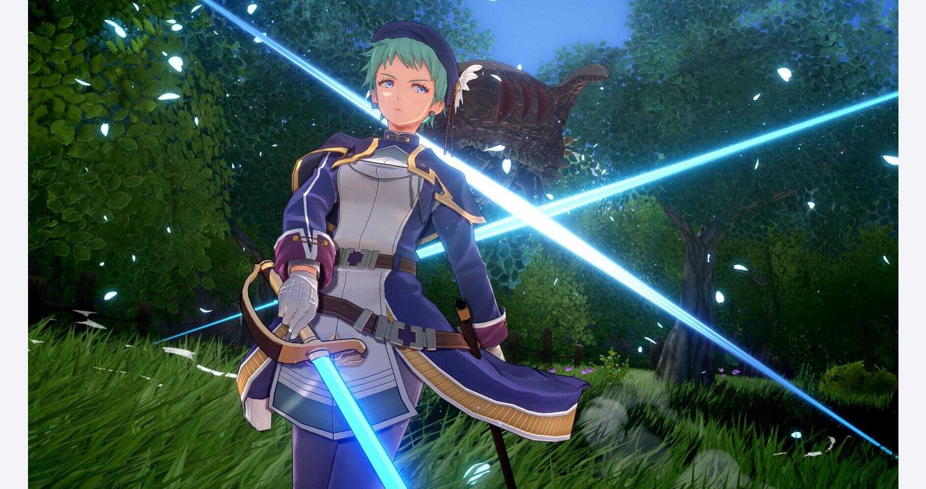 Fighting game character wielding glowing blue swords in a forest setting.