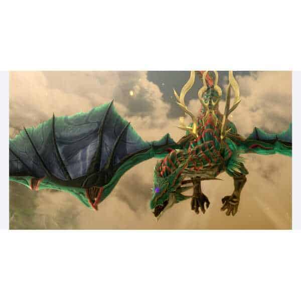 Majestic green and gold dragon soaring through cloudy sky in game artwork.