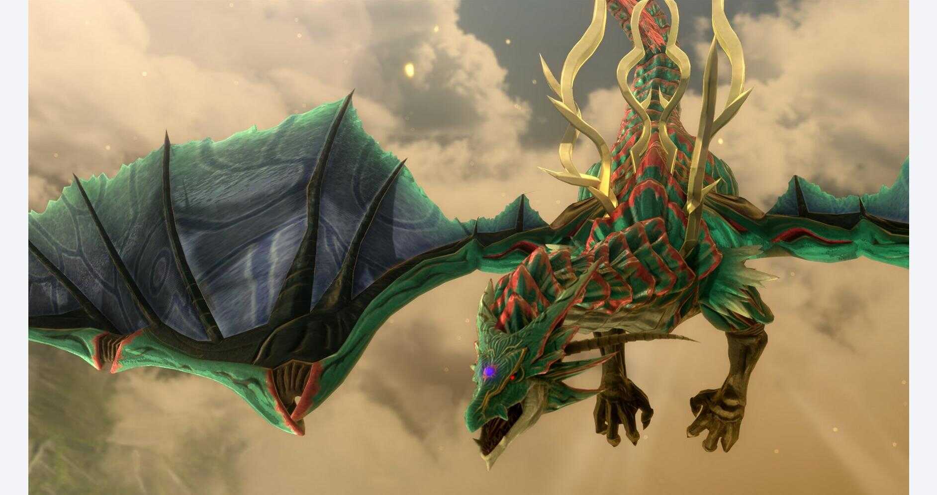Majestic green and gold dragon soaring through cloudy sky in game artwork.
