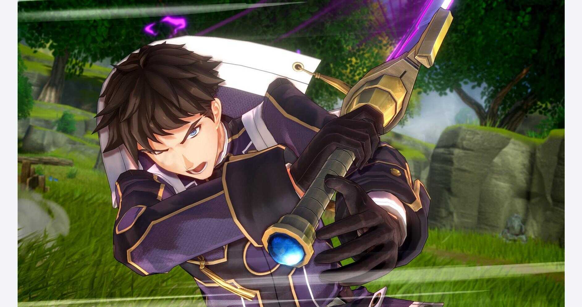 Young male character in combat stance with a sword in a lush forest setting.